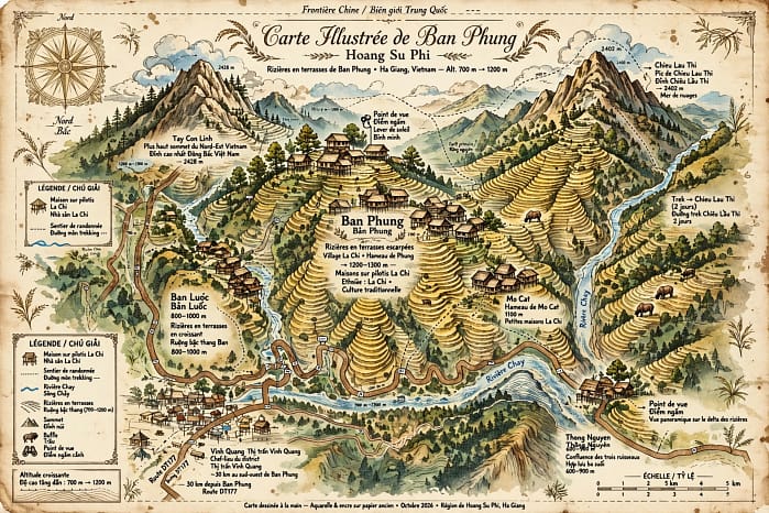 carte dessinée détaillée de Ban Phung avec les altitudes 700m à 1200m et le poster vintage avec les rizières dorées à 1100m et les maisons La Chi