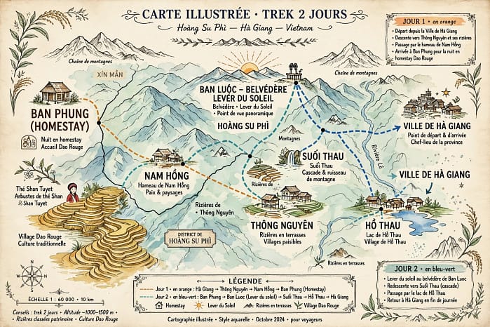 carte illustrée pour le trek avec guide francophone Hoang Su Phi 2 jours