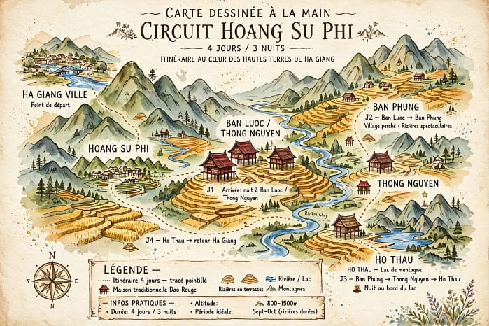 carte dessinée de l'itinéraire Hoang Su Phi 4J/3N